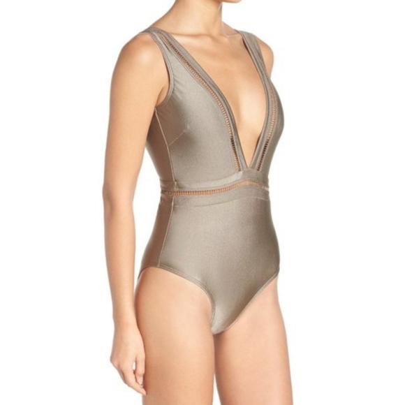 NWT Ted Baker Pointelle Deep V Plunge One Piece Swimsuit Khaki Green 8 - Picture 2 of 12